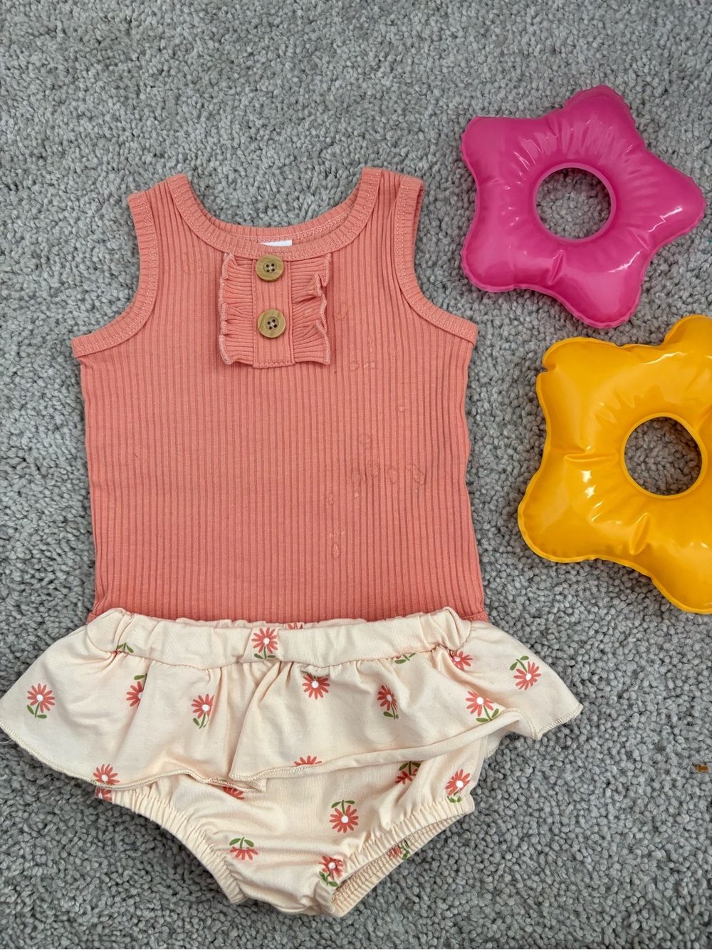Kids Sleeveless Ribbed Romper with Floral Ruffle - Pink Coral